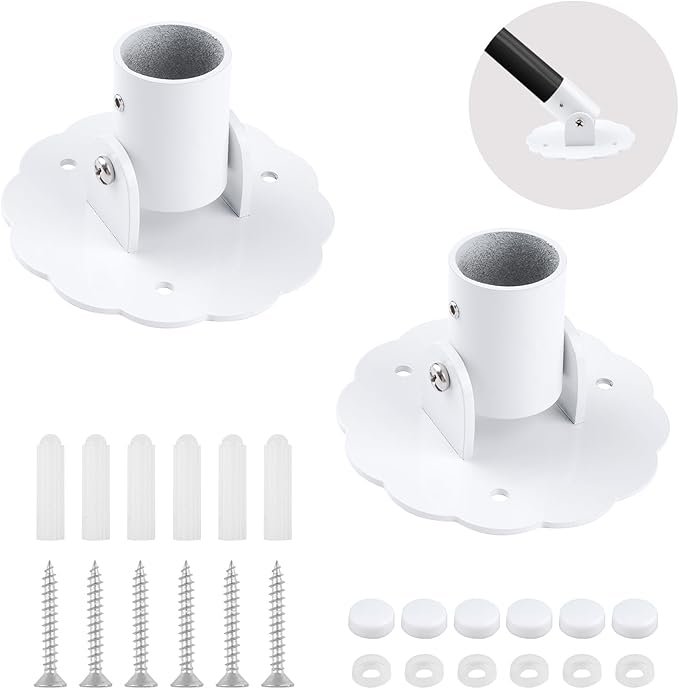Flower-Shape Shower Curtain Rod Bracket, 2Pcs Telescopic Metal Shower Drape Rod Swivel Flange Curtain Pole Wall-Mount Bracket (White,26mm)