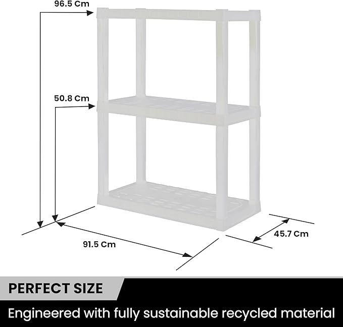 Oskar Heavy Duty Plastic Storage Shelves- for Garage, Kitchen, Bathroom Basement Kids Room, Stackable 3-Tier White, Organizer Rack for Books Shoes, Toys, Pantry, Cleaning and Closet Organization