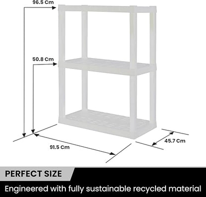 Oskar Heavy Duty Plastic Storage Shelves- for Garage, Kitchen, Bathroom Basement Kids Room, Stackable 3-Tier White, Organizer Rack for Books Shoes, Toys, Pantry, Cleaning and Closet Organization