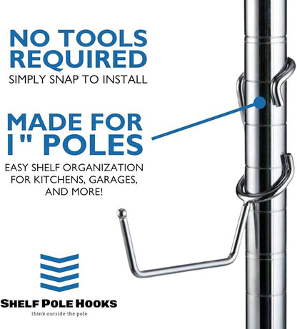 Shelf Pole Hooks 5-Pack | Chrome Heavy-Duty Utility J Hooks for 1-Inch Poles ONLY | Snap-On Hooks for Wire, Metal & Metro Shelving | Garage, Kitchen & Home Organization