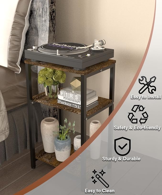 3 Tier Side Table, Heavy Duty End Table with Shelves, Narrow Nightstand for Small Spaces, Record Player Table for Bedroom, Living Room, Sofa Couch - Rustic Brown & Black