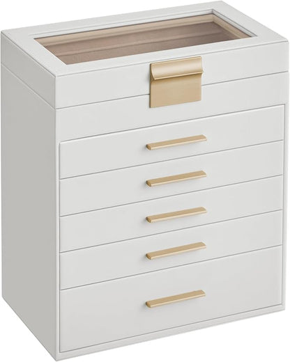 SONGMICS GISELLA Collection - Jewelry Box Organizer, 6-Layer Jewelry Storage with 5 Drawers, Shiny Metal Hardware, Glass Lid, Modern, 6.4 x 9.9 x 11.4 Inches, Cloud White and Gold Color UJBC171W01