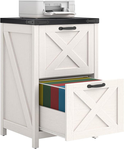 2 Drawer Small File Cabinet, Farmhouse Vertical Filing Cabinet Fits Letter and A4 Size, Under Desk Wooden File Cabinets for Home Office, Printer Stand, White and Black