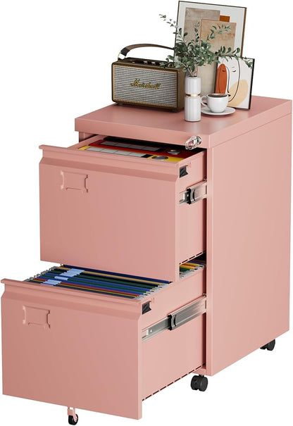 Aobabo 2 Drawer Filing Cabinet with Wheels, Lockable Metal File Cabinet with Business Card Slot for Legal/Letter Size Home Office, Required Assembled,Pink