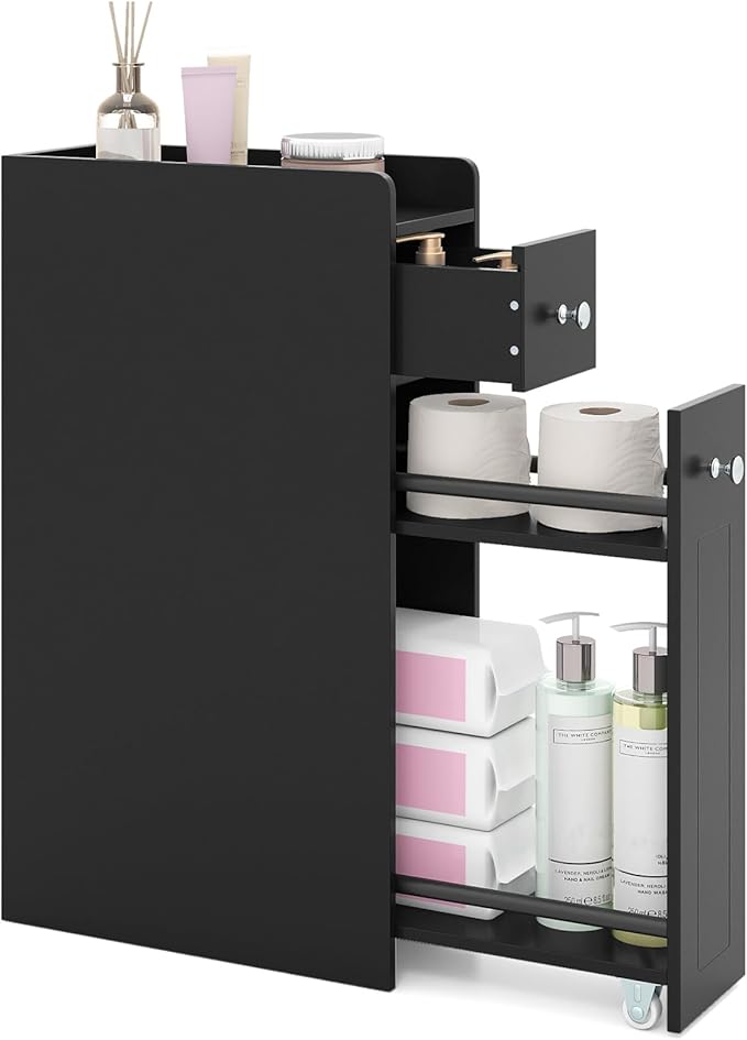 Tangkula Slim Bathroom Storage Cabinet, 4-Tier Narrow Small Side Storage Cabinet Next to Toilet, Slide Out Drawers on Casters, Bathroom Floor Organizer Toilet Paper Holder for Small Spaces (Black)