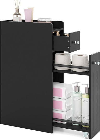 Tangkula Slim Bathroom Storage Cabinet, 4-Tier Narrow Small Side Storage Cabinet Next to Toilet, Slide Out Drawers on Casters, Bathroom Floor Organizer Toilet Paper Holder for Small Spaces (Black)
