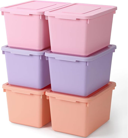 6 Pack Cute Plastic Storage Bins with Lids Decorative Stackable Storage Boxes 9.8" ×7.3" ×5.7" Small Storing Totes for Organizing Craft Office Supplies (Pink,Purple,Orange)