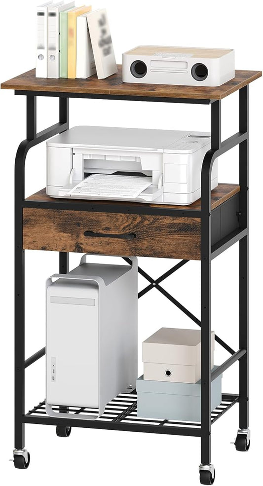 Tall Printer Stand, 3 Tier Printer Cart with Storage, Industrial Printer Table on Wheels, Adjustable Shelf & Fabric Drawer, for Home Office Study Rustic Brown PTHR5401