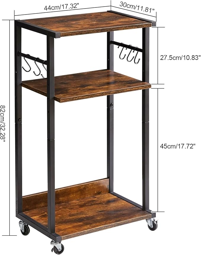 YMYNY Mobile Printer Stand, 3-Tier Printer Cart with Adjustable Storage Shelf and 6 S-Hooks, Tall Printer Table for Home Office, for Computer Tower Stand, Shredder, CPU Stand, Rustic Brown, UHPT002H