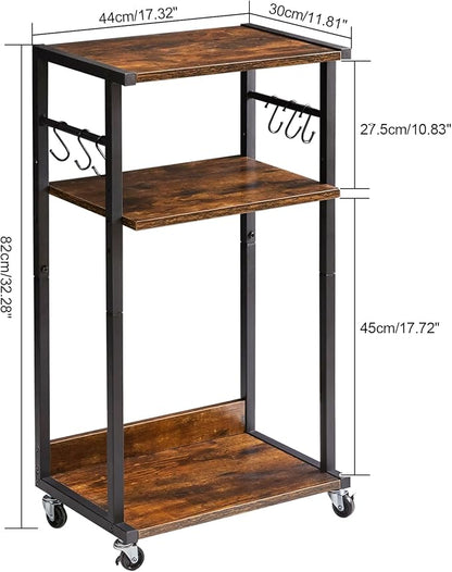 YMYNY Mobile Printer Stand, 3-Tier Printer Cart with Adjustable Storage Shelf and 6 S-Hooks, Tall Printer Table for Home Office, for Computer Tower Stand, Shredder, CPU Stand, Rustic Brown, UHPT002H