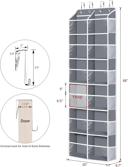 Univivi Over the Door Organizer, 6 Tiers Behind Door Storage with Clear Deep Pockets Hanging Organizer for Closet, Bedroom, Nursery, Bathroom and Sundries (Grey)