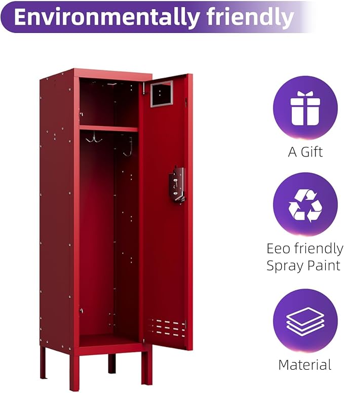 Metal Storage Locker with Lock & Card Slot Locker - Secure Lockable Door - Steel Locker for School, Office, Gym, Home - 54" H x 15" W x 15" D（1 Door, Red）