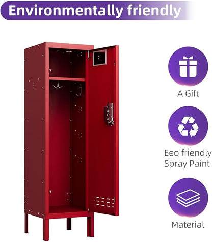 Metal Storage Locker with Lock & Card Slot Locker - Secure Lockable Door - Steel Locker for School, Office, Gym, Home - 54" H x 15" W x 15" D（1 Door, Red）