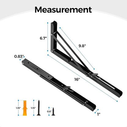Home Expert 16 Inch Folding Shelf Brackets, 4 Pack (2 Pairs) Heavy Duty Metal Collapsible Wall-Mounted Brackets, Space-Saving DIY Foldable Shelf for Benches and Tables, Matte Black