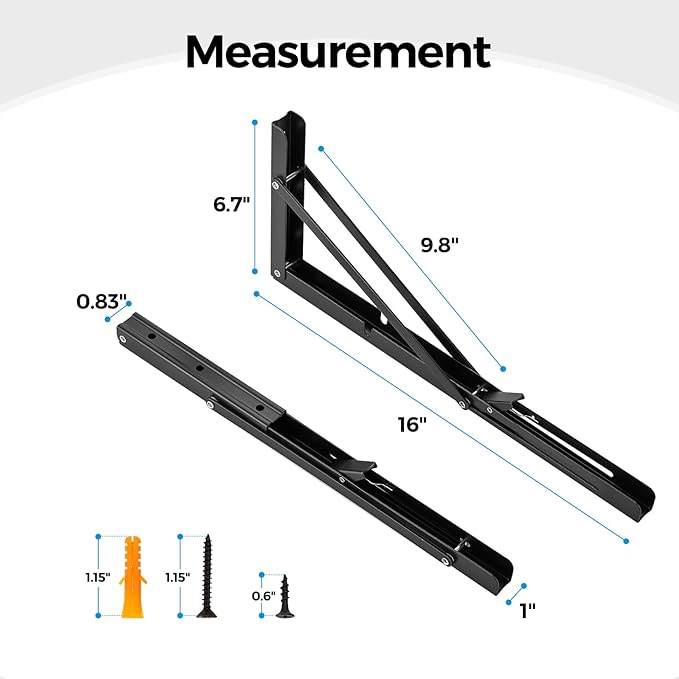 Home Expert 16 Inch Folding Shelf Brackets, 2 Pack (1 Pairs) Heavy Duty Metal Collapsible Wall-Mounted Brackets, Space-Saving DIY Foldable Shelf for Benches and Tables, Matte Black