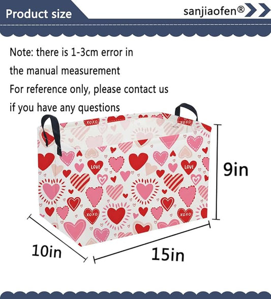 Sanjiaofeng Rectangular Valentine's Day Basket Love Storage Bins,Girls Storage Basket with Handles.Clothers,Books,Kid's Gifts Bins. (Pink Line Love)