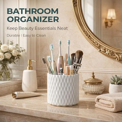 360° Rotating Makeup Brush Holder, 5-Slot Cosmetic Organizer Cup for Vanity, Desk & Bathroom Countertop, White