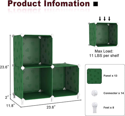 UNKU Cube Storage Organizer, 3 Cube Closet Organizer Storage Shelves, DIY Stackable Bookcase, Clothes Organizer Shelf for Closet, Bedroom, Living Room, Cabinet, Home, Office, Green