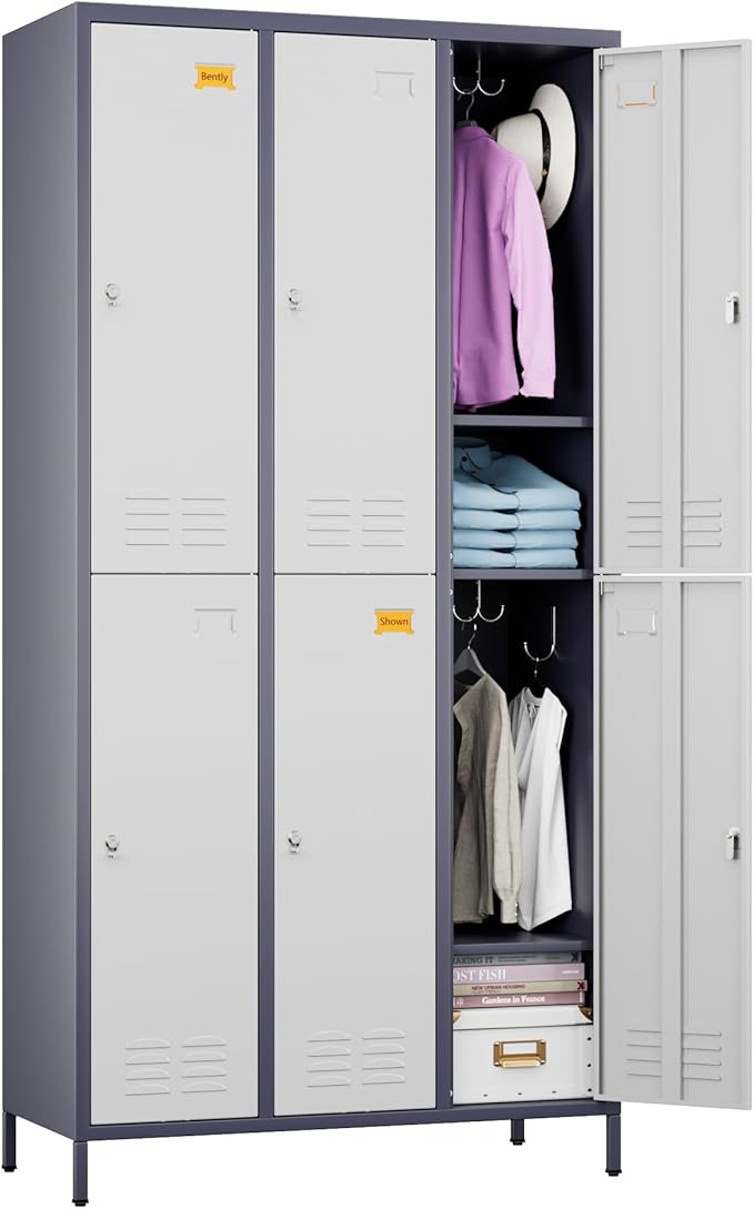 Aobabo Upgraded Metal Storage Lockers for Employees, 72inch Tall 6 Doors Metal Locker with Lock and Name Card Slot, Industrial Storage with 18 Hooks, for Office Gym, Assembly Required,Grey White
