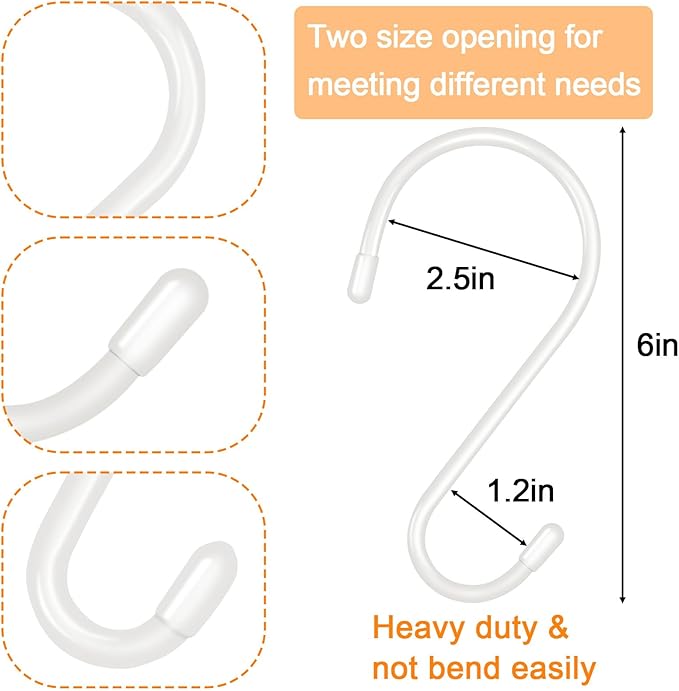12 Pack 6 Inch S Hooks,Large S Hook Vinyl Coated Heavy Duty S Hook for Hanging, Non Slip S Hanger Closet Hooks, Steel Metal White Rubber S Hooks for Hanging Plants,Clothes,Jeans,Pot Pan Garden
