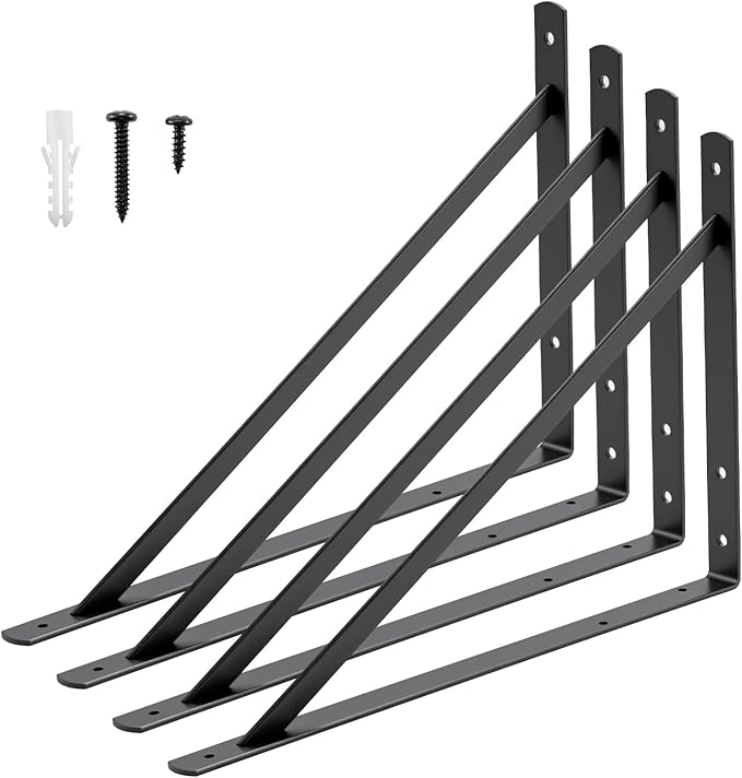 HOME MASTER HARDWARE 20inch x 13 inch Black Heavy Duty Shelf Brackets 4-Pack, Metal L Brackets with Screws - 90 Degree Angle Brackets for Shelves, Floating Shelf & Wall Mounted Shelf Support