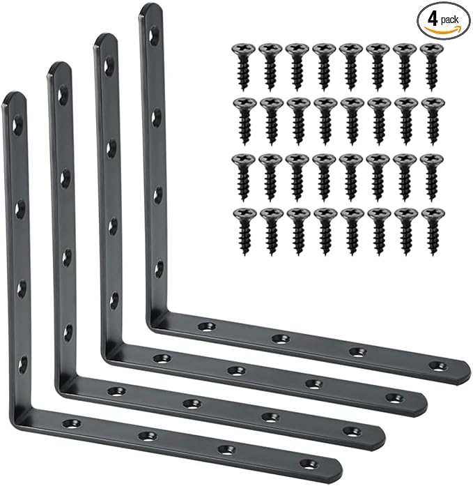 Alise 4 PCS L Brackets Heavy Duty Corner Bracket,6 X6 Inch Black Floating Shelf Brackets for Shelves, Stainless Steel L Shape Wall Mounting Brackets, Metal L Joint Angle Bracket for Wood Shelving