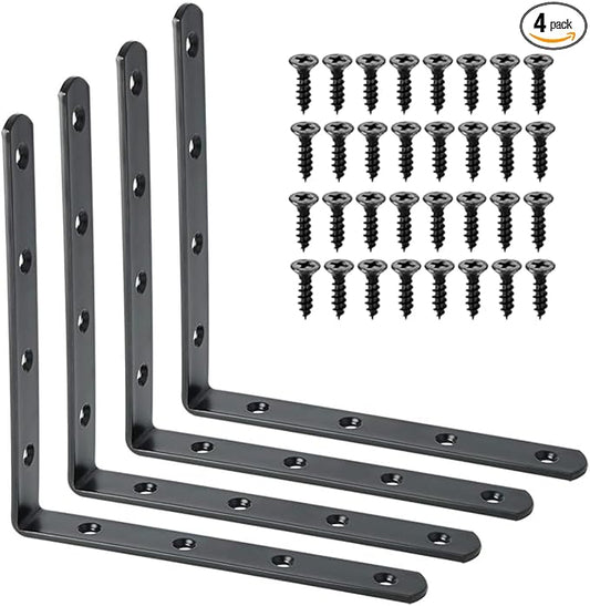 Alise 4 PCS L Brackets Heavy Duty Corner Bracket,6 X6 Inch Black Floating Shelf Brackets for Shelves, Stainless Steel L Shape Wall Mounting Brackets, Metal L Joint Angle Bracket for Wood Shelving