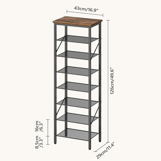 8-Tier Narrow Shoe Rack, Vertical Shoe Storage Organizer, for 12-24 Pairs, Shoe Shelf with Metal Frame, for Hallway, Entryway, Living Room, Rustic Brown and Black SRHR08401