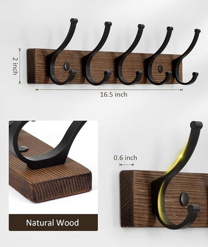 Coat Rack Wall Mount, 16.5 Inches Wood Coat Hooks, Wall Hooks for Hanging, Hat Rack Bag Hanger Key Holder for Wall, Purse Hanger Towel Racks for Bathroom (1Pack, Brown)