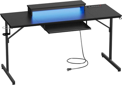 Bestier 63 Inch Gaming Desk with Power Outlets & LED Lights, Large Computer Desk with Monitor Stand & Keyboard Tray Home Office Table with Cup Holder & Headset Hook, Carbon Fiber Black