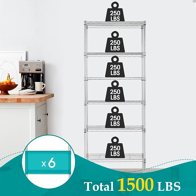 PayLessHere | 6-Tier Wire Shelf | 23"x13"x59" | Chrome | Adjustable Racks | Heavy-Duty Storage Shelves, Holds Upto 1500 lbs | Rust-Resistant, No-Tool Assembly | for Home, Garage Shelving
