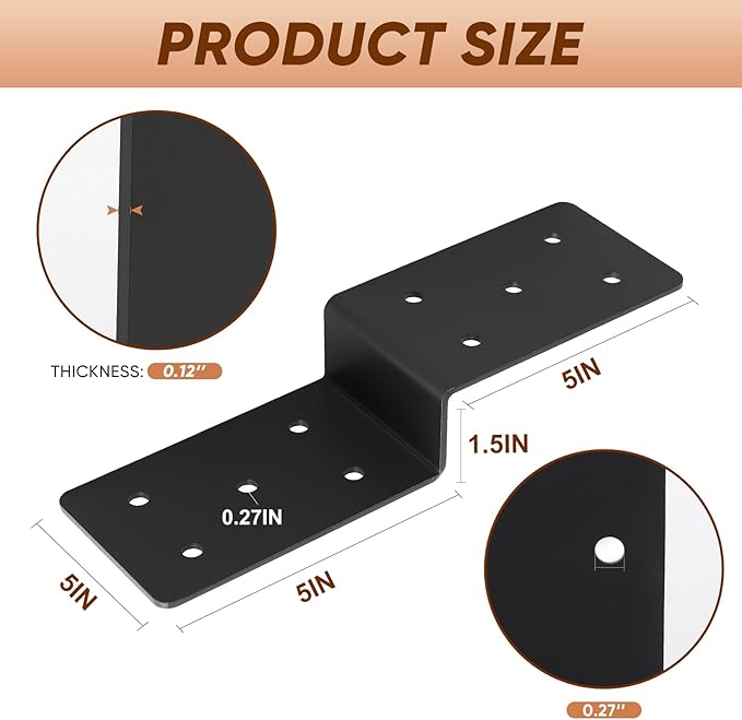 Heavy Duty Steel Z Pergola Brackets 4pcs,5"x 5" Z-Shape Connector Brackets, Post to Beam Support,Black Deck Joist Tie for Wood Projects