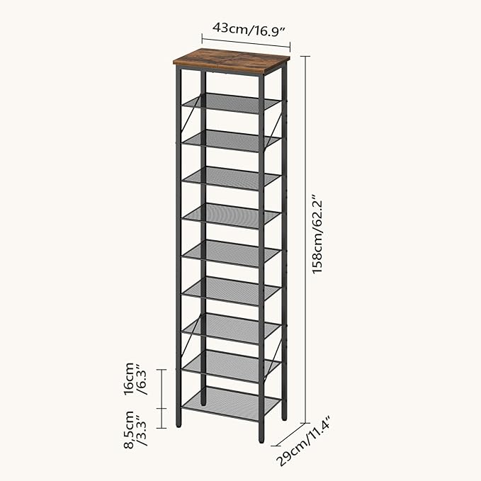 10-Tier Narrow Shoe Rack, Vertical Shoe Storage Organizer, for 12-24 Pairs, Shoe Shelf with Metal Frame, for Hallway, Entryway, Living Room, Rustic Brown and Black SRHR11401