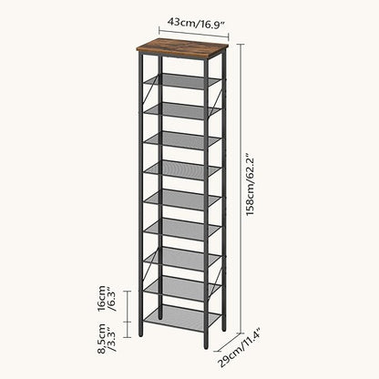 10-Tier Narrow Shoe Rack, Vertical Shoe Storage Organizer, for 12-24 Pairs, Shoe Shelf with Metal Frame, for Hallway, Entryway, Living Room, Rustic Brown and Black SRHR11401