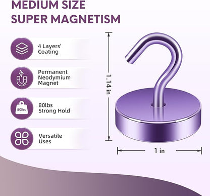 Neosmuk Magnetic Hooks, Cruise Ship Essentials, 80lb+ Heavy Duty Magnetic Hooks for Cruise Cabins, Refrigerator, Grill, Hanging, and Travel | Extra Strong Must-Haves Magnet Hook,Purple, 5 Pack