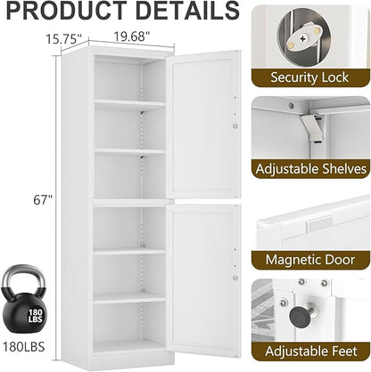 67" Metal Storage Cabinet with Lock, Tall Narrow Office File Cabinets with 2 Doors & 4 Adjustable Shelves, Metal Steel Locker for Home, School, Office, Garage or Gym (White)