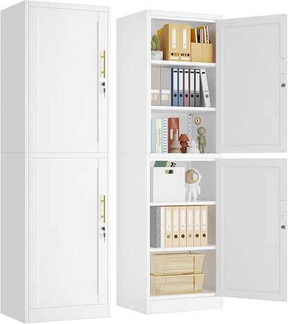 67" Metal Storage Cabinet with Lock, Tall Narrow Office File Cabinets with 2 Doors & 4 Adjustable Shelves, Metal Steel Locker for Home, School, Office, Garage or Gym (White)