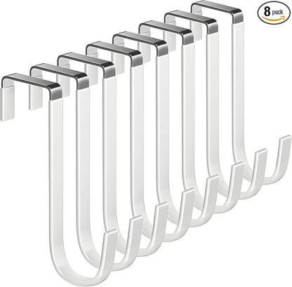 Over The Door Metal Hooks with Plastic Coating 5.5" Fit 0.5" to 1 3/8" Door 8 Pcs Heavy Duty Single Towel Robe Rack Wreath Bathroom Shower Hanger Shoe Organizer Ironing Board Short White