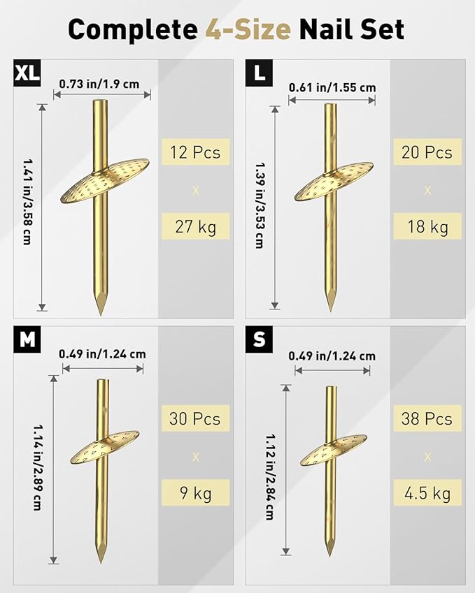 Uniclife 100 Pcs Picture Hangers, Picture Hanging Kit, 4 Size Picture Hanging Hooks, Picture Hanging Nails, Long Picture Hooks for Photo Frame Art Mirror and Décor, Gold