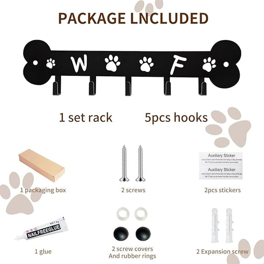Dog Leash Holder for Wall Key Hooks Decorative, 5 Hooks 11×2.75 inch for Wall Decorative Animal Storage Rack Adhesive, Black Key Holder wall Mount for Entrance Living Room Kitchen-Dog Lovers Gifts