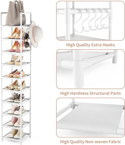 Tall Narrow Shoe Rack 10-Tier Skinny Shoe Shelf Storage for 10-15 Pairs Shoes and Boots, Space Saving Corner Shoe Rack Organizer for Closet, Entryway, Garage, Living Room,White