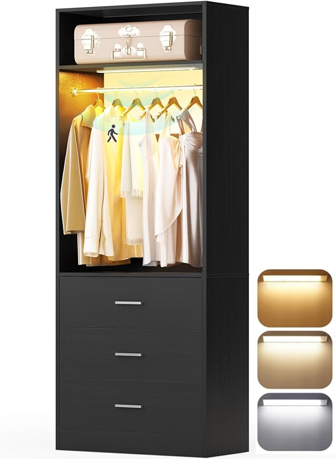 2FT Closet System with 3CCT Motion Sensor Light, 24" Closet Organizer with 3 Wooden Drawers, Closet Systems with Hanging Rod & Top Storage, Small Closets Wardrobe for Walk-in Closets, Black