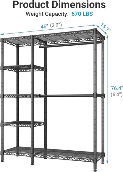 VIPEK V7C Garment Racks with Cover Portable Closets for Hanging Clothes, Heavy Duty Clothes Rack with Shelves Metal Closet Wardrobe, Max 670lbs, Black Rack with Grey Upgraded Polyester Cover