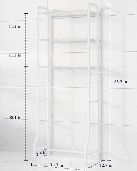 Kitsure Over Toilet Storage Rack - Metal Over Toilet Bathroom Organizer Shelf, Over The Toilet Storage Cabinet with Paper Holder and Hooks, Bathroom Cabinet for Laundry, White, 3 Tiers (63.2" H)