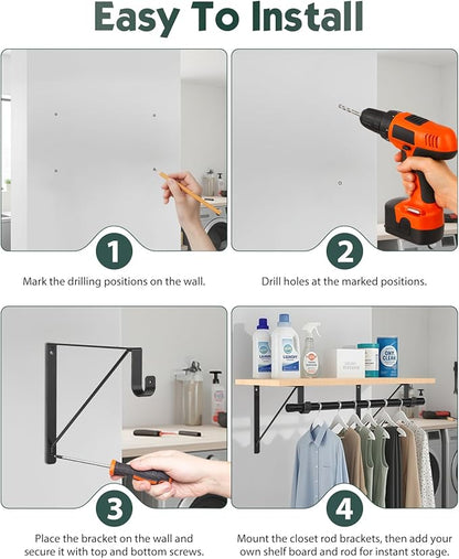 6 Pack Closet Rod Bracket, Heavy Duty Closet Rod Support with Rod Holder, Wall Mounted Closet Shelf Brackets with Triangle Stabilizing Design for Closet, Bathroom and Kitchen, Black