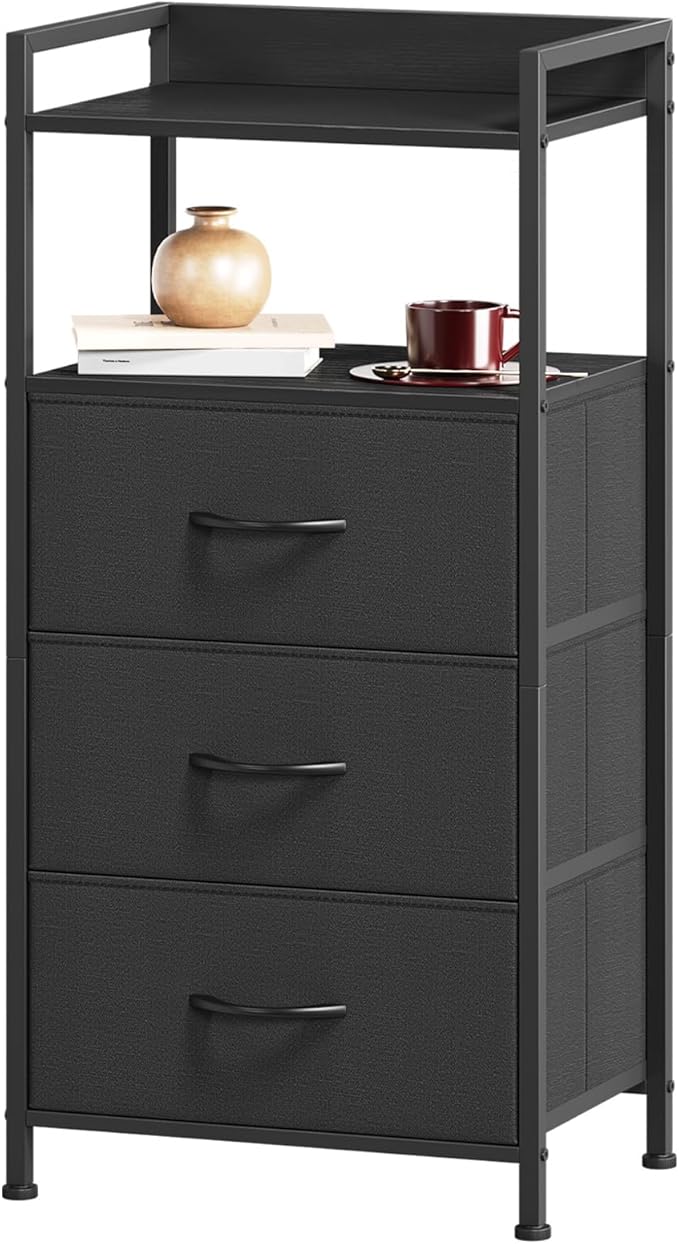 Somdot Nightstand with 3 Drawers, Dresser with Fabric Bins for Bedroom, Hallway, Entryway, Nightstand Bedside Table Furniture, Sturdy Steel Frame, Wooden Top, Easy Pull Fabric Bins, Black