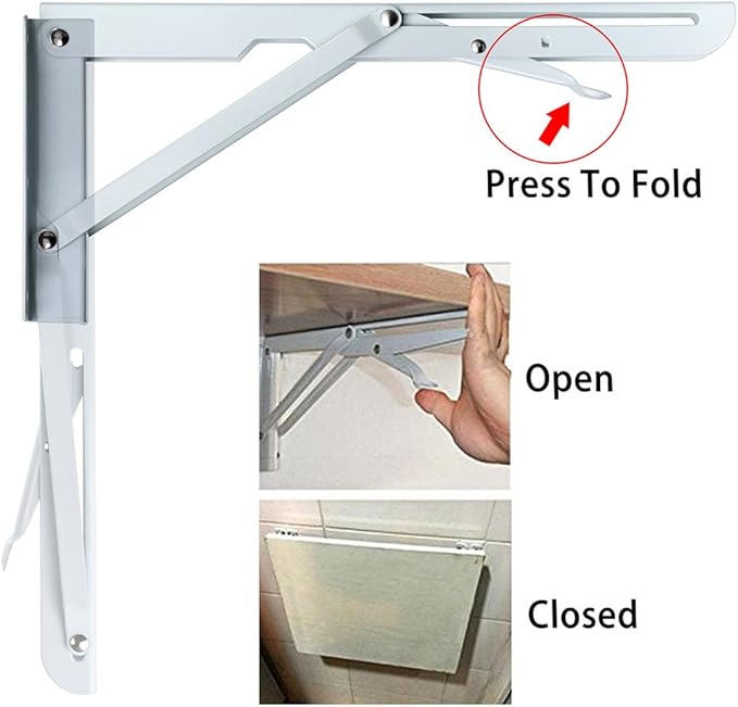 Sumnacon Sturdy Folding Shelf Brackets - Heavy Duty Metal Triangle Table Bench Folding Shelf Brackets, 2 Pcs Folding Shelf Hinge Wall Mounted (12 Inch, White)
