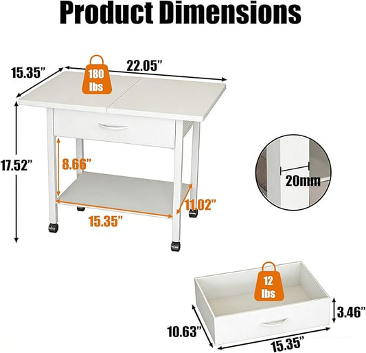 Large 22" x 15" Under Desk Printer Stand, 2-Tier Shelf Printer Table with Stronge Fabric Drawer and Wheels,Rolling Cart for Home Office Fits 3D Printer Scanner (White)
