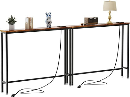 IBUYKE 2 Pack Console Table Narrow Long Sofa Table with Power Outlets USB Ports,Industrial Wooden Entry Table with Charge Station with Extension Cord,for Entryway Living Room Hallway Brown,TMJ061H-2