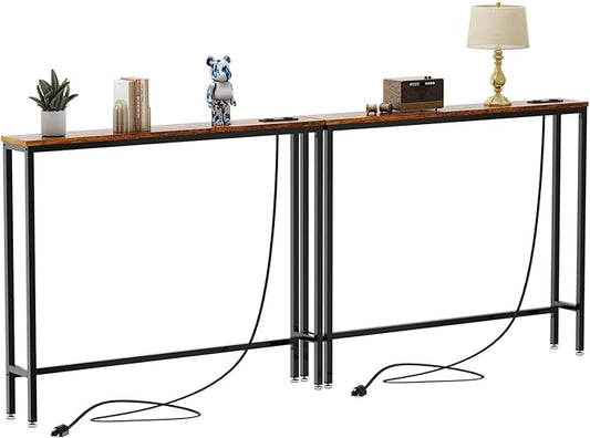 IBUYKE 2 Pack Console Table Narrow Long Sofa Table with Power Outlets USB Ports,Industrial Wooden Entry Table with Charge Station with Extension Cord,for Entryway Living Room Hallway Brown,TMJ061H-2